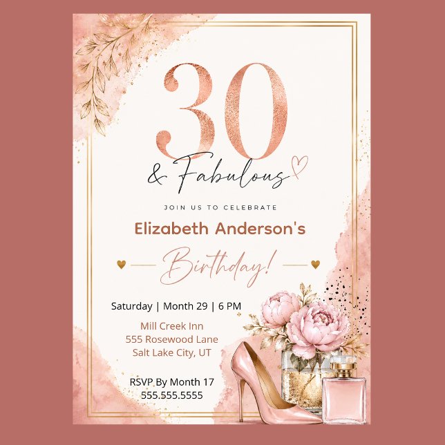 Peony och parfym fantastisk 30-årsdag inbjudningar (Elegant 30th birthday invitation with blush pink watercolor, rose gold glitter, and peony flowers,)