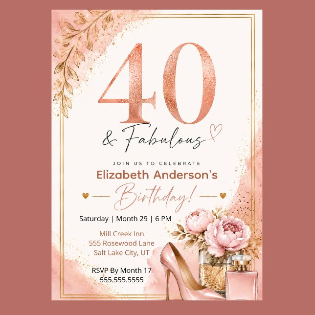 Peony och parfym fantastisk 40-årsdag inbjudningar (Elegant 40th birthday invitation with blush pink watercolor, rose gold glitter, and peony flowers,)