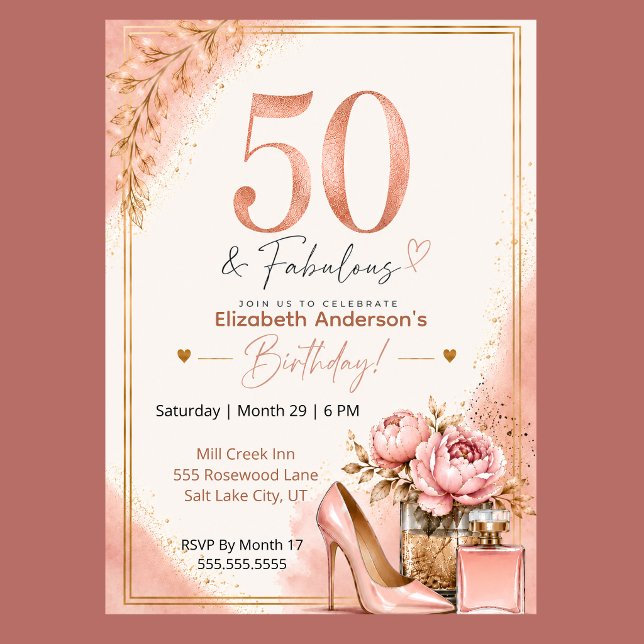 Peony och parfym fantastisk 50-årsdag inbjudningar (Elegant 50th birthday invitation with blush pink watercolor, rose gold glitter, and peony flowers,)