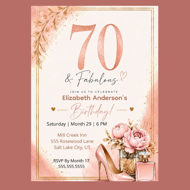 Peony och parfym fantastisk 70-årsdag inbjudningar (Elegant 70th birthday invitation with blush pink watercolor, rose gold glitter, and peony flowers,)