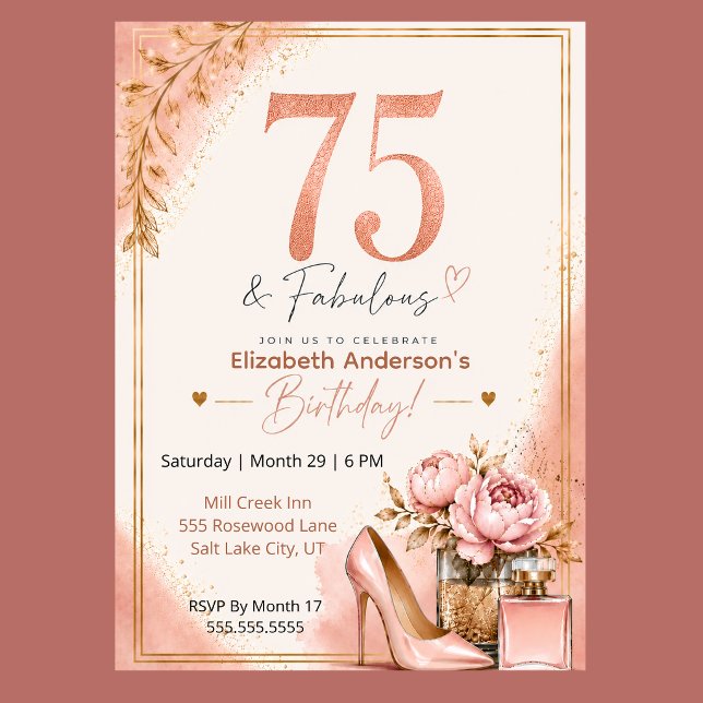 Peony och parfym fantastisk 75-årsdag inbjudningar (Elegant 75th birthday invitation with blush pink watercolor, rose gold glitter, and peony flowers,)
