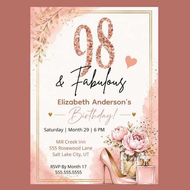 Peony och parfym fantastisk 98-årsdag inbjudningar (Blush pink rose gold 98 and Fabulous floral birthday invitation with feminine glam style
)