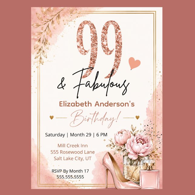 Peony och parfym fantastisk 99-årsdag inbjudningar (Blush pink rose gold 99 and Fabulous floral birthday invitation with feminine glam style
)