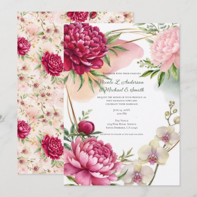 Peony & Orchid Trädgård Blommig Glam Bröllop  Inbjudningar (Fram/baksida)
