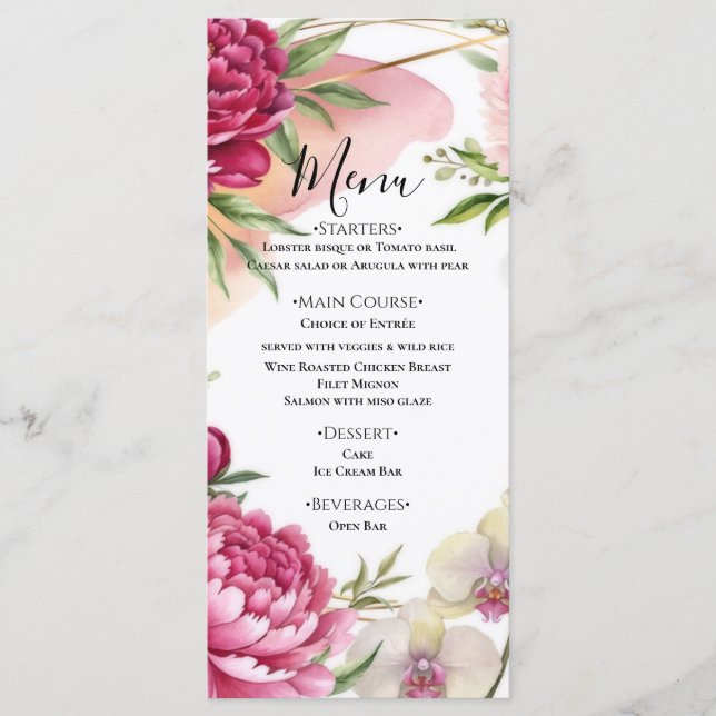 Peony & Orchid Trädgård Blommig Glam Bröllop  Meny (Framsida)