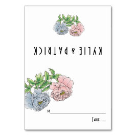 Peony pastel rosa, blått blommigt bröllop eskort bordsnummer