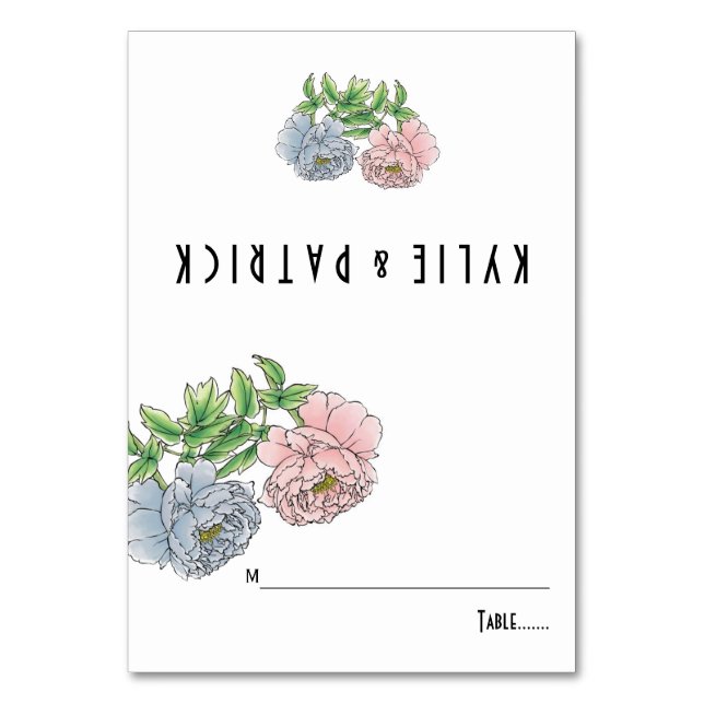 Peony pastel rosa, blått blommigt bröllop eskort bordsnummer (Framsidan)