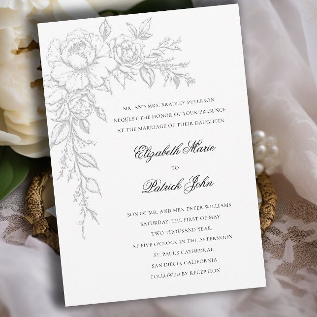 Peony Radiant White Elegant Formal Classic Wedding Inbjudningar (peony wedding invitation formal traditional modern classic art sketch black white parents host)