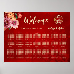 Peony Red China Bröllop Seatsching Chart Poster