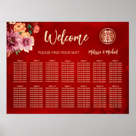 Peony Red China Bröllop Seatsching Chart Poster