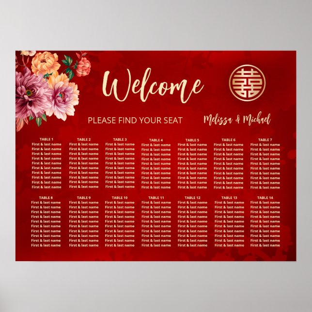 Peony Red China Bröllop Seatsching Chart Poster (Framsidan)