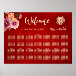 Peony Red China Bröllop Seatsching Chart Poster
