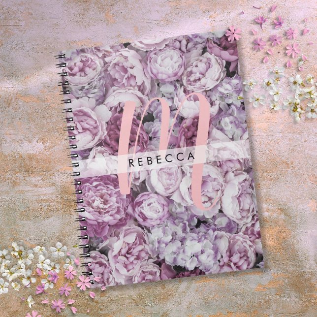 Peony Ro Blommigt  Rosa Script Monogram Anteckningsbok (Peony Roses Floral Pink Script Monogram Notebook)