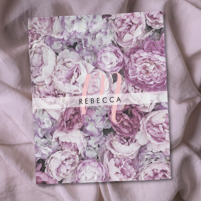 Peony Ro Blommigt  Rosa Script Monogram Fleecefilt (Peony Roses Floral Pink Script Monogram Fleece Blanket)