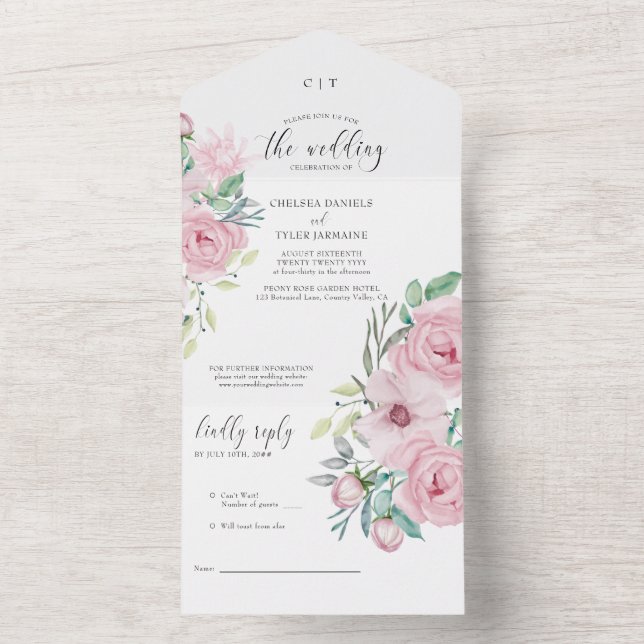 Peony Ro Pastel Rosa Blommigt Bröllop (Insida)