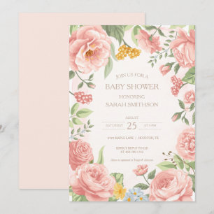 Peony Rosa Botanical Baby Shower Inbjudningar