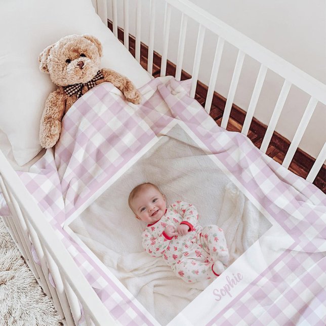 Peony Rosa Gingham Rutig Fototäcke  Fleecefilt (Pink Gingham Check baby photo blanket)