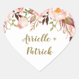 Peony Rosa och Guld Wedding Favor Stickers Hjärtformat Klistermärke