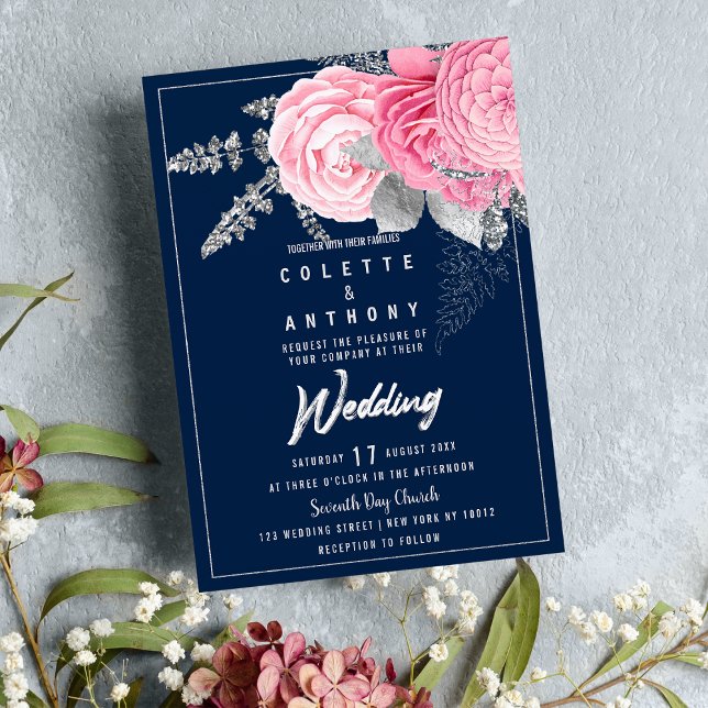 Peony rosa silver glitter marinblått blommigt Bröl Inbjudningar (Peony pink silver glitter navy blue floral Wedding )