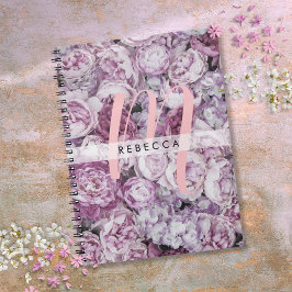 Peony Rosor Blommig Rosa Skript Monogram Anteckningsbok
