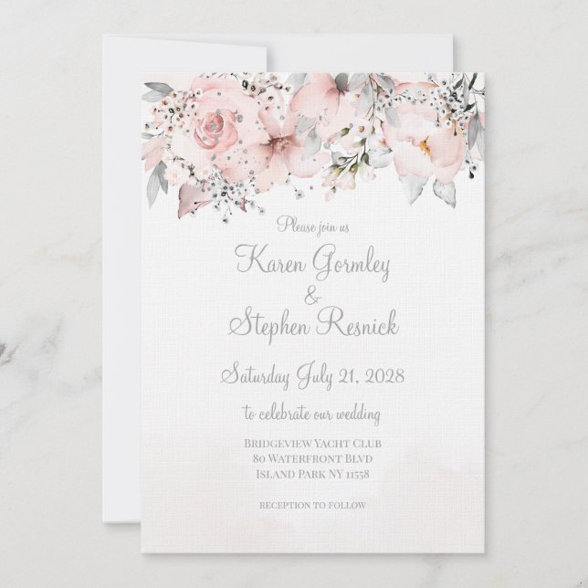  peony Silver Eucalyptus Bröllop Surname Inbjudningar (Framsida)
