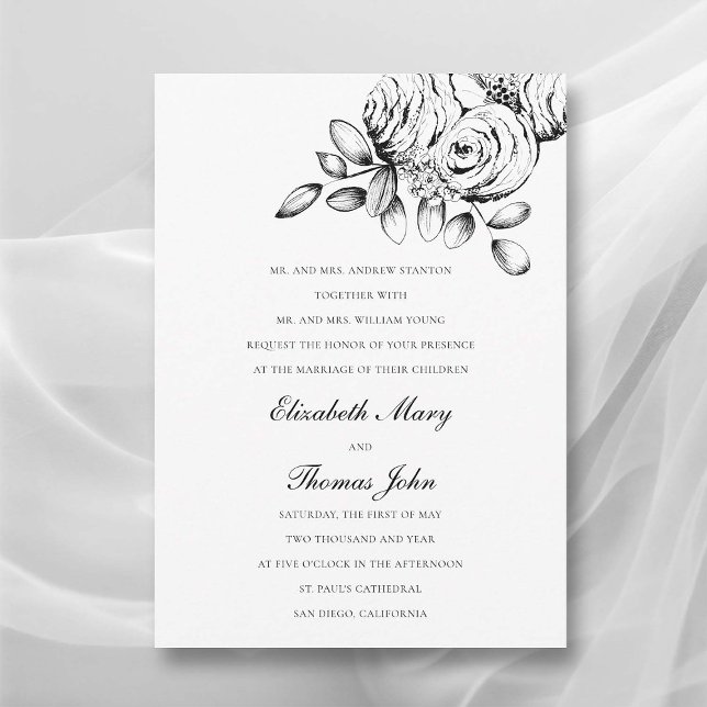 Peony Sketch Black White Formal Classic Bröllop Inbjudningar (peony wedding invitation formal traditional parents name floral sketch black white classic romantic)
