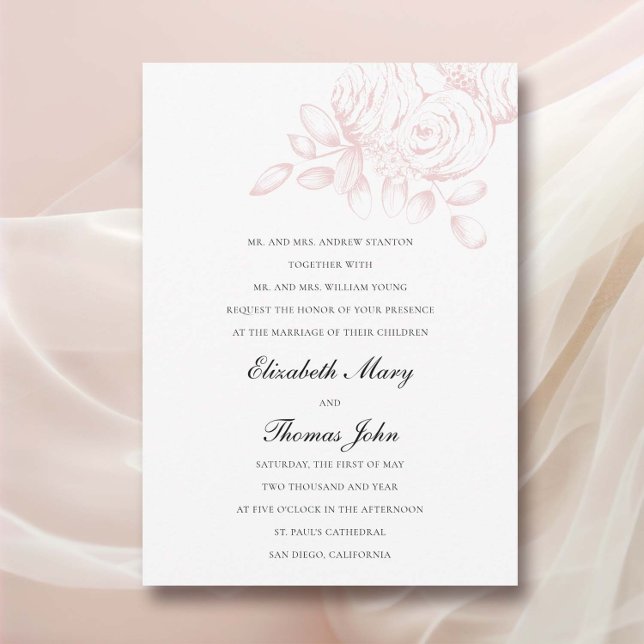 Peony Sketch Rosa  Forme Traditional Bröllop Inbjudningar (peony wedding invitation formal traditional parents name floral sketch pink blush classic romantic)