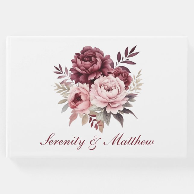Peony Watercolor Burgundy  Blommigt Bröllop Gästböcker (Framsida)