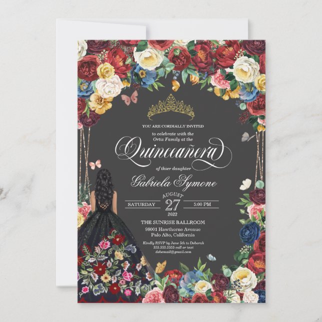  People Art Embroidery Butterfly Blommigt Quincean Inbjudningar (Framsida)