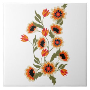 PeopleArt Blommönster Red Orange Grönt Botanical Kakelplatta