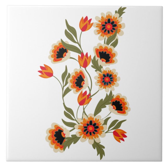 PeopleArt Blommönster Red Orange Grönt Botanical Kakelplatta (Framsidan)