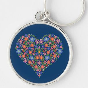 PeopleArt Stil Blommigt Heart Blue Round Keychain Rund Silverfärgad Nyckelring