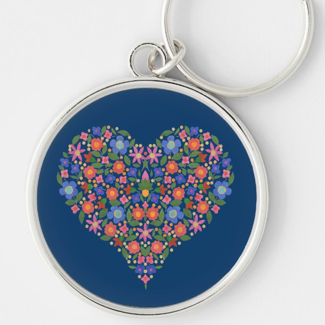 PeopleArt Stil Blommigt Heart Blue Round Keychain Rund Silverfärgad Nyckelring (Framsidan)