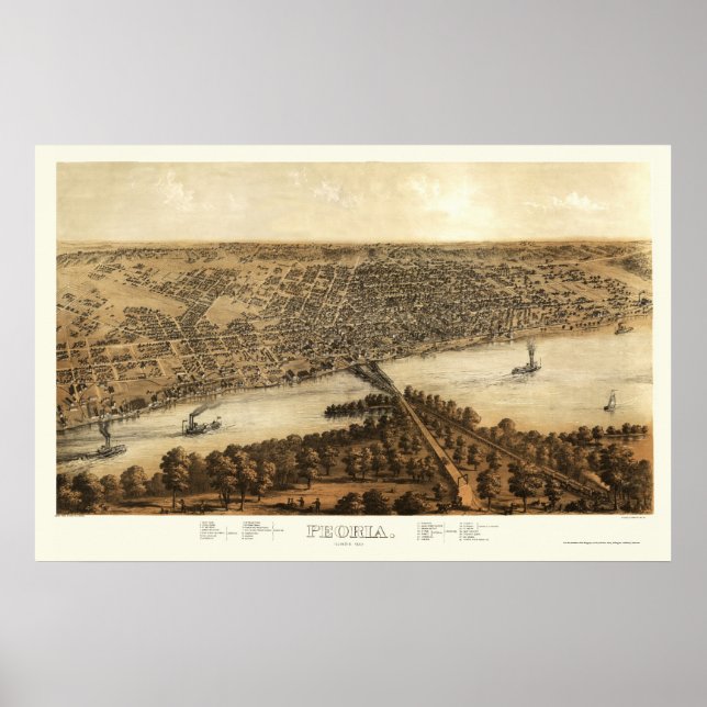 Peoria, IL Panoramic Karta - 1867 Poster (Framsidan)