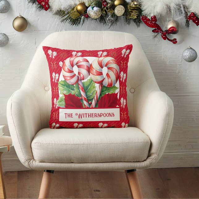 Pepermint Red and White Candy cane Bow Monogram Kudde (Skapare uppladdad)