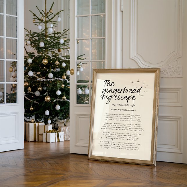 Pepparkaksflykten Jul Rolig Tryck (Against the wall, there is a framed funny Christmas print titled “The gingerbread big escape")