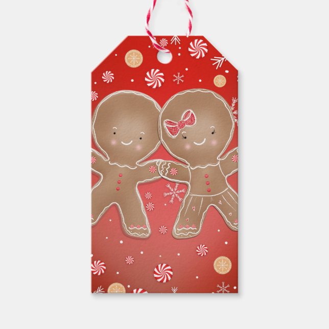 Pepparkaksgosse flicka pepparmynta högtid jul presentetikett (Framsidan)