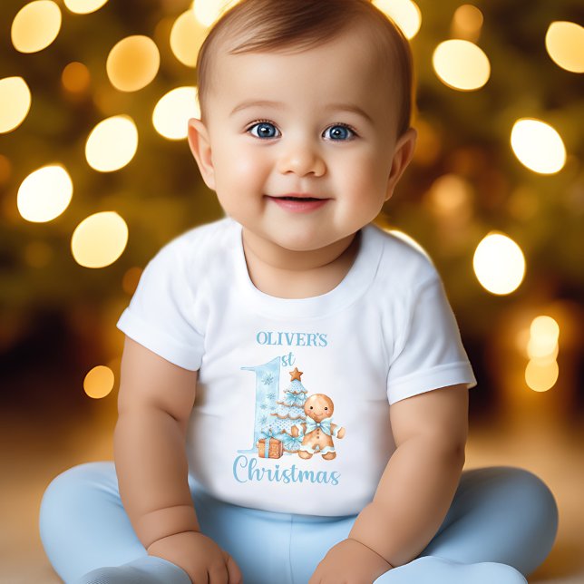 Pepparkaksgubbe Blue Beige Namn Första jul T Shirt (Gingerbread Man Blue Beige Name First Christmas Baby T-Shirt)