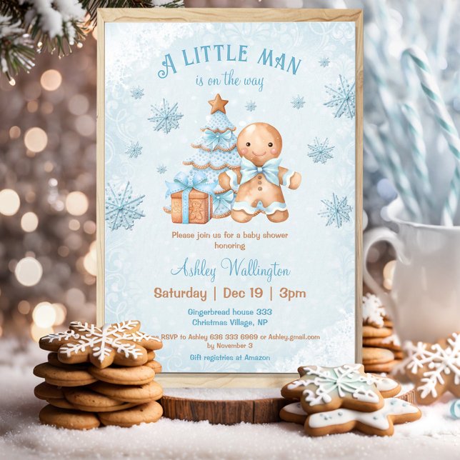 Pepparkaksgubbe Boy Blue Baby Shower Inbjudningar (Gingerbread Man Boy Blue Christmas Baby Shower Invitation)