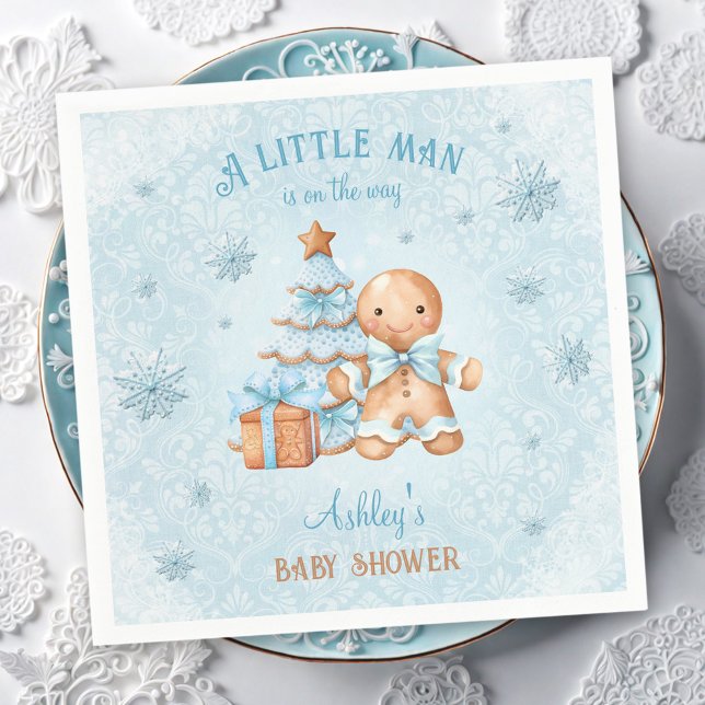 Pepparkaksgubbe Boy Blue Baby Shower Pappersservett (Gingerbread Man Boy Blue Christmas Baby Shower Napkins)
