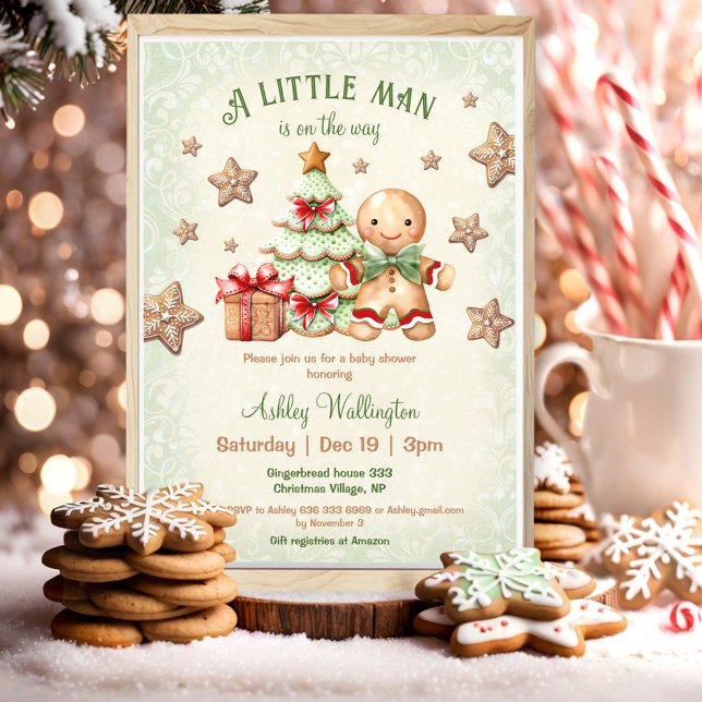 Pepparkaksgubbe Boy Classic, babyskor för julgrana Inbjudningar (Gingerbread Man Boy Classic Christmas Baby Shower Invitation)