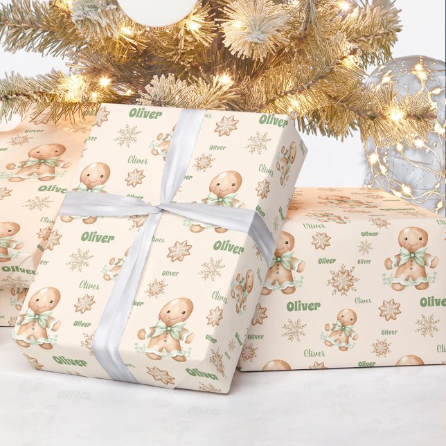 Pepparkaksgubbe Boy Namn Grönt Beige jul Presentpapper (Gingerbread Man Boy Name Green Beige Christmas Wrapping Paper)