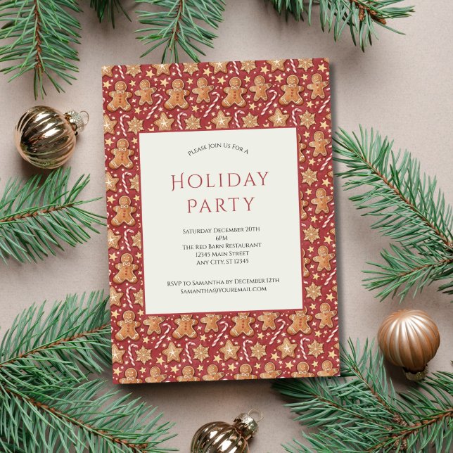 Pepparkaksgubbe Candy cane Helgdag jul Party Inbjudningar (Gingerbread men and Candy canes Holiday Christmas Party Invitation. Printed or digital download)