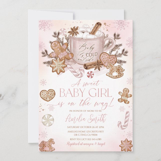 Pepparkaksgubbe Girl Rosa jul Baby Shower Inbjudningar (Framsida)