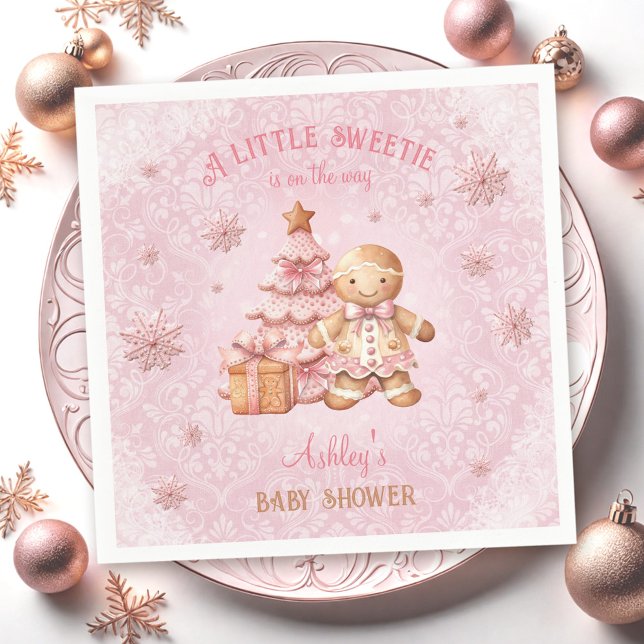 Pepparkaksgubbe Girl Rosa jul Baby Shower Pappersservett (Gingerbread Man Girl Pink Christmas Baby Shower Napkins)