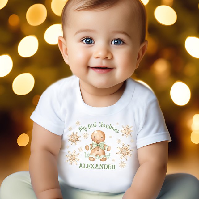 Pepparkaksgubbe Grönt Beige Första jul T Shirt (Gingerbread Man Green Beige First Christmas Baby T-Shirt)