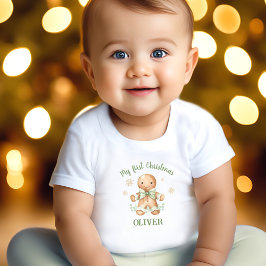 Pepparkaksgubbe Grönt Beige Namn Första jul T Shirt