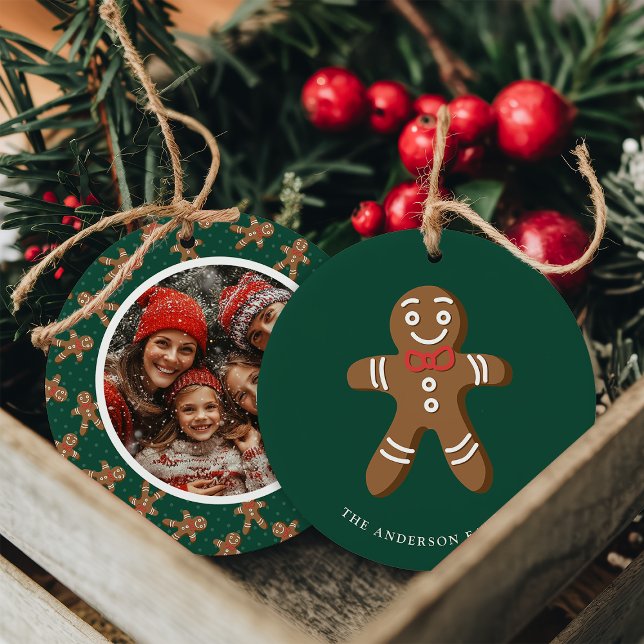 Pepparkaksgubbe Grönt Polka Dot-julfoto Julgransprydnad Keramik (Skapare uppladdad)