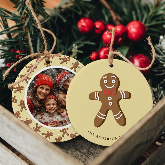 Pepparkaksgubbe Gult Polka Dot-julfoto Julgransprydnad Keramik (Skapare uppladdad)