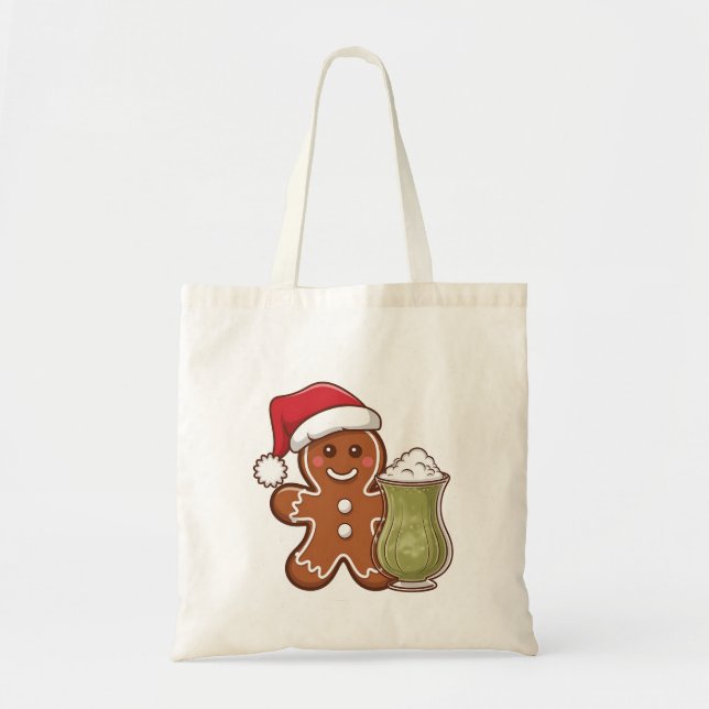 Pepparkaksgubbe Holding Matcha Drink jul Tygkasse (Framsidan)